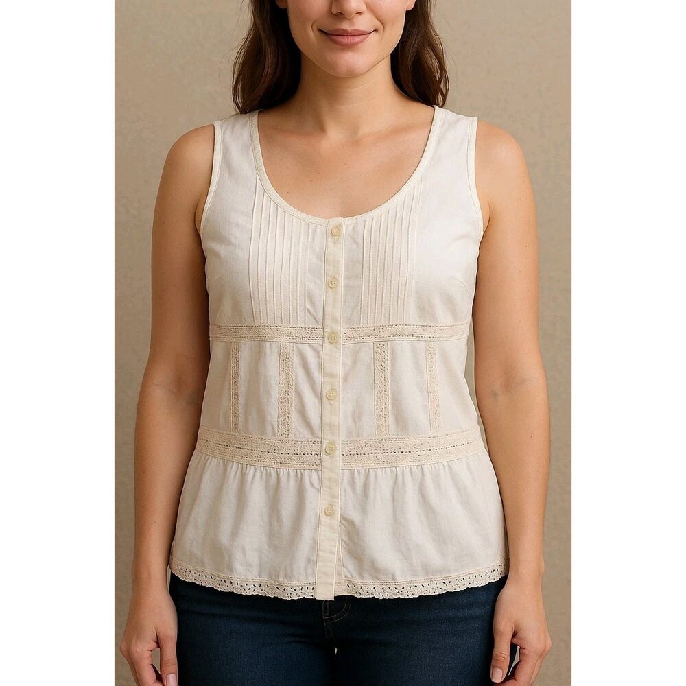 Faded Glory‎ Cream Cotton Lace Trim Tank Top Blouse Boho Peasant Cottagecore L